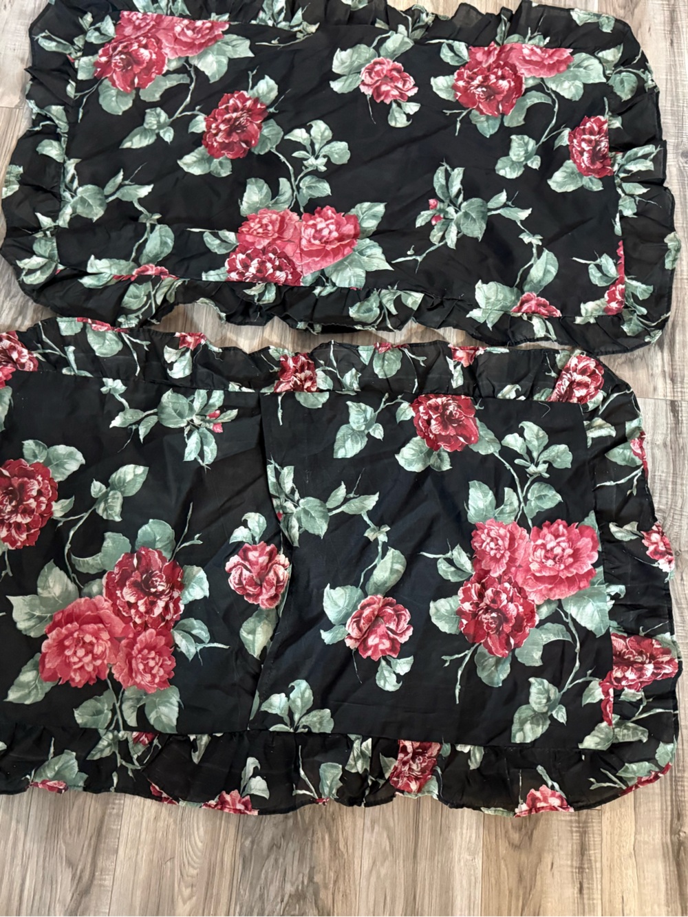 Vintage Sheer Black Cabbage Rose Floral Ruffled king Pillow Shams Cottagecore